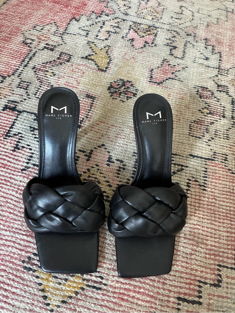 Marc Fisher Digana Black Braided Square-Toe Slide Mules